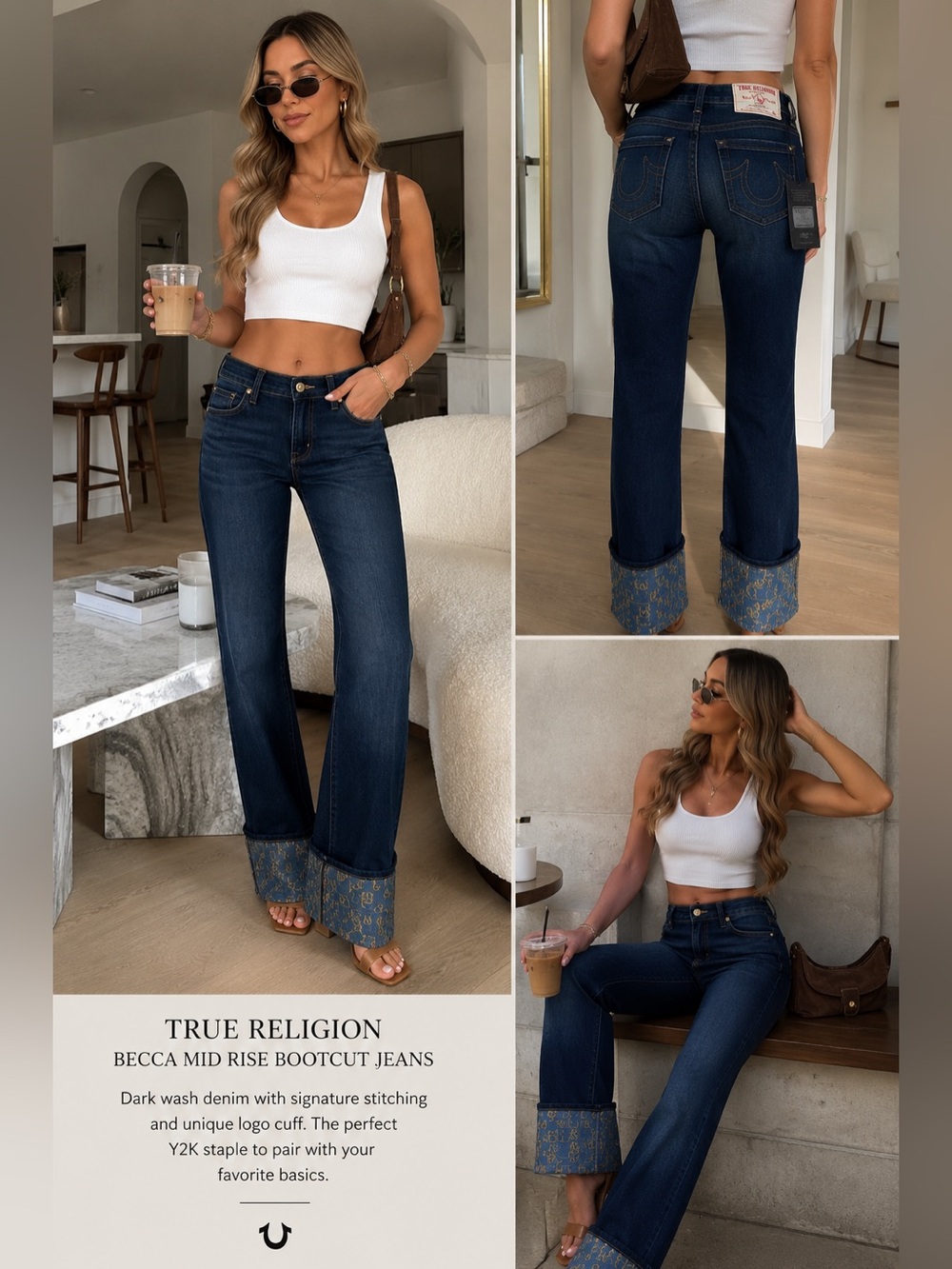 NWT True Religion Becca Mid Rise Bootcut Jeans Dark Oak Wash Logo Cuff W29 Y2K